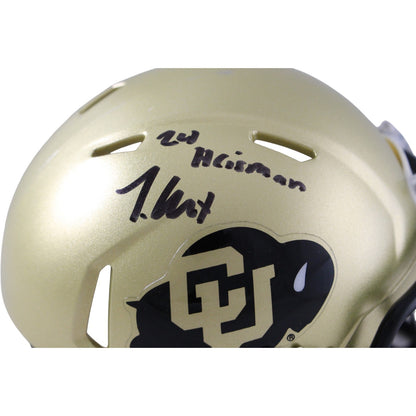 Travis Hunter Signed Colorado Buffaloes Mini Helmet with Heisman Inscription