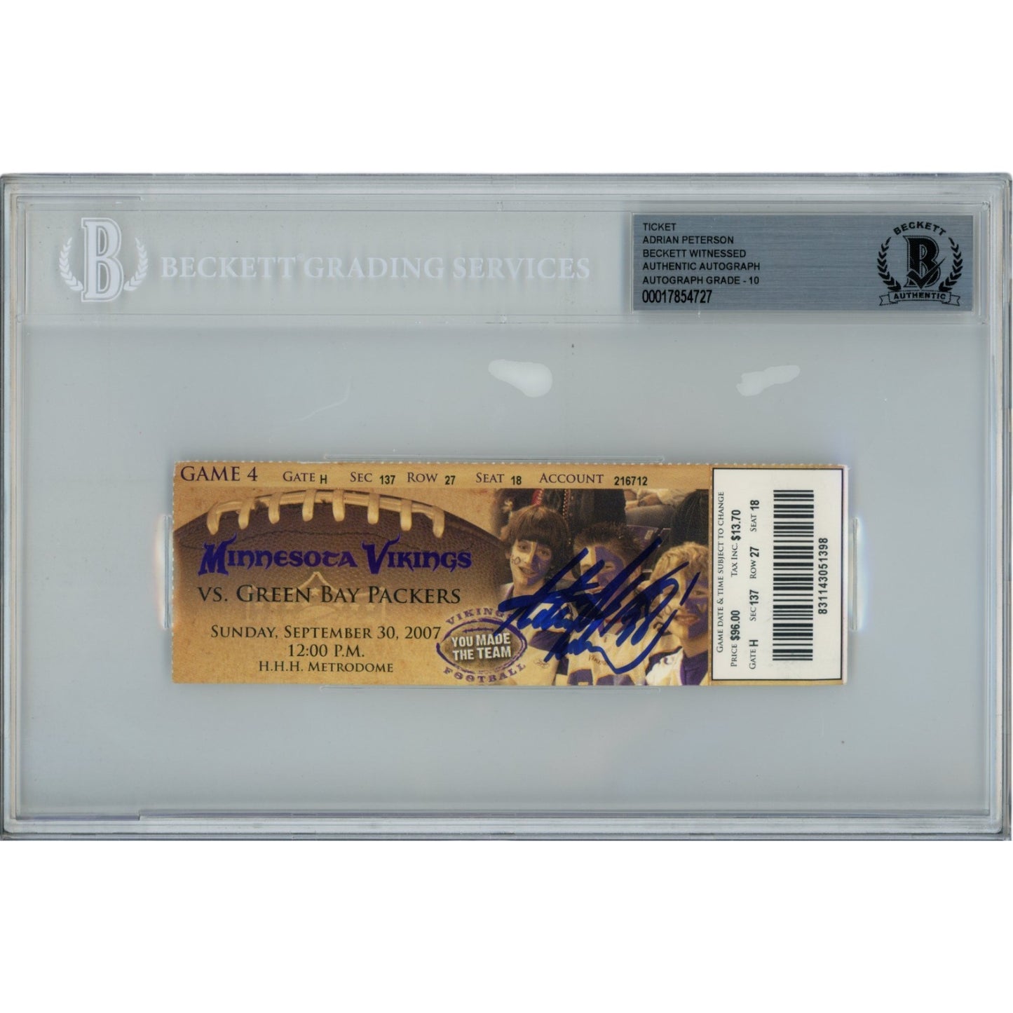 Adrian Peterson Autographed Minnesota Vikings Ticket Stub Beckett Slabbed
