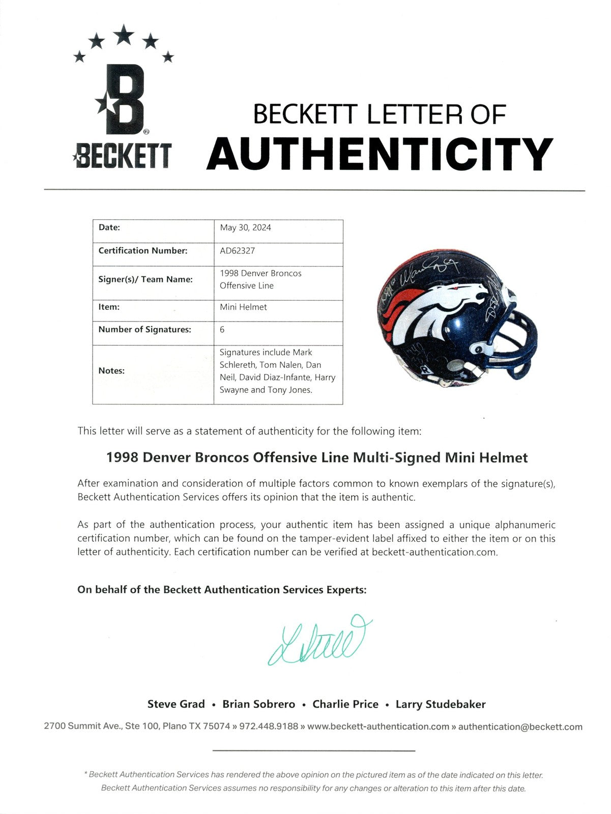 Tom Nalen & Mark Schlereth Multi-Signed Denver Broncos 1998 OL Mini Helmet
