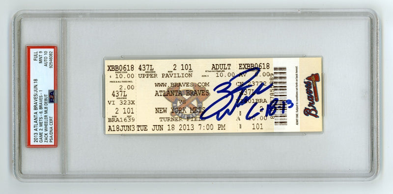 Zack Wheeler Signed MLB Debut Ticket (6/18/13) PSA 9 Mint 10 Auto