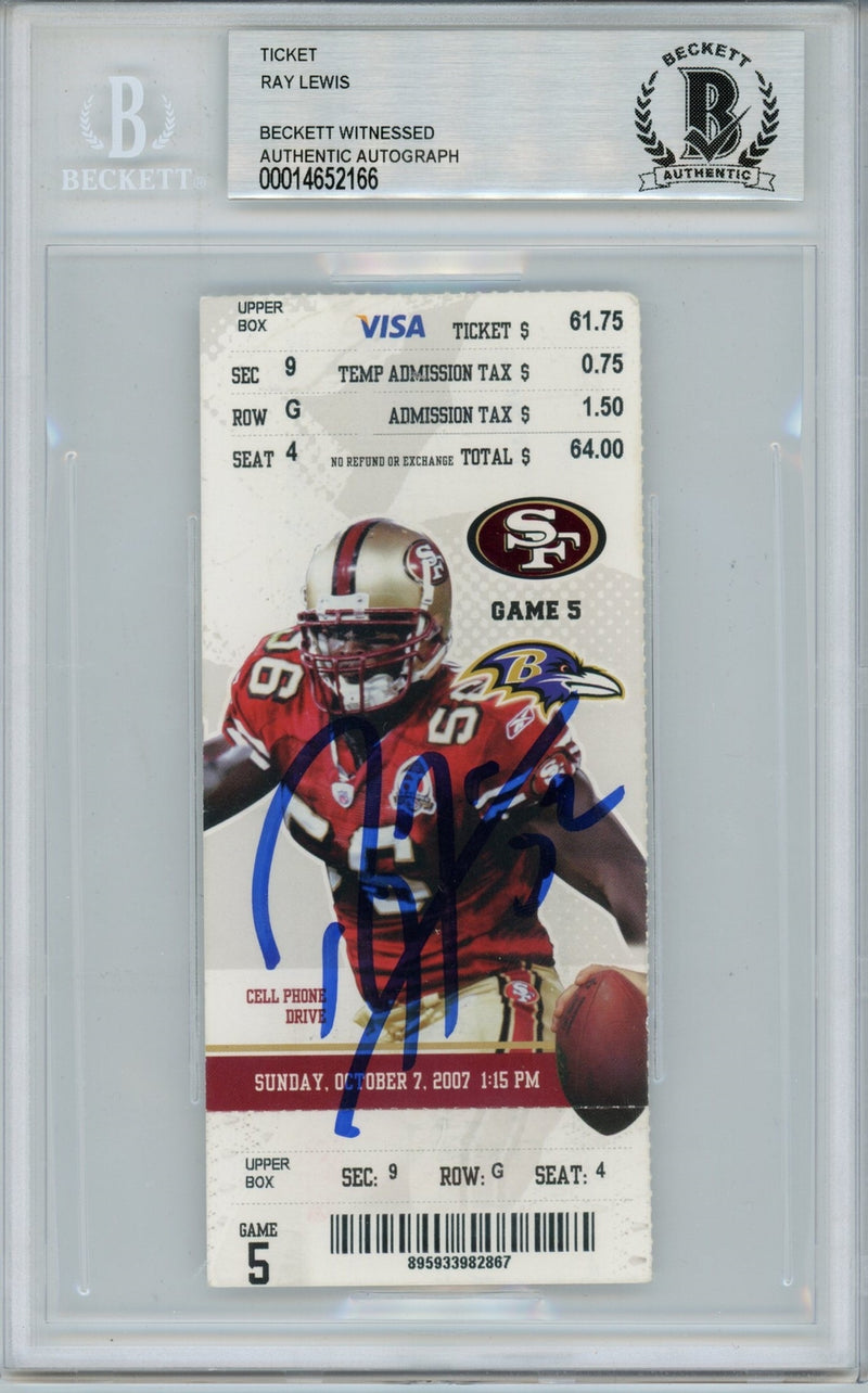 Ray Lewis Signed Baltimore Ravens Ticket 10/7/2007 BAS Slabbed