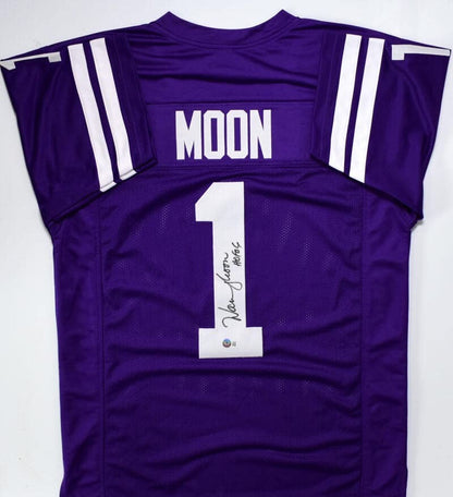 Warren Moon Autographed Purple College Style Custom Jersey (HOF Inscription)