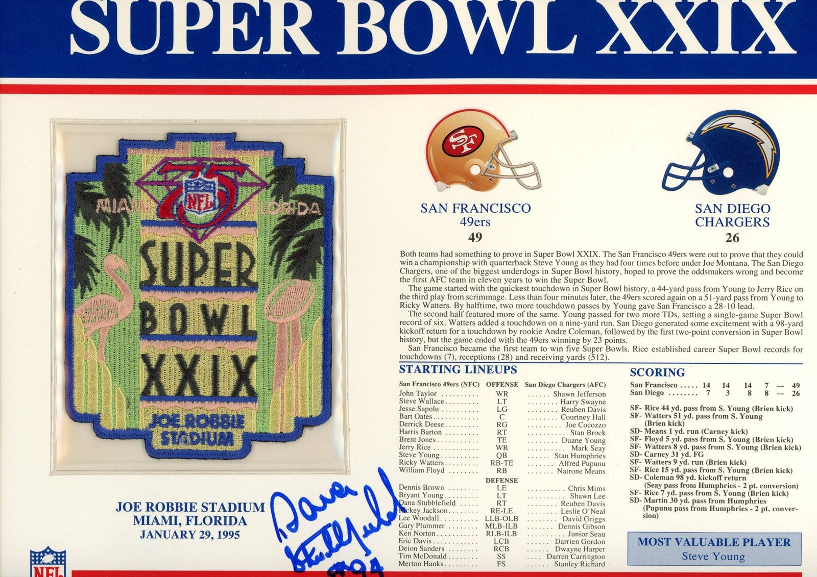 Dana Stubblefield Signed San Francisco 49ers SB XXIX Patch Stat Card ...