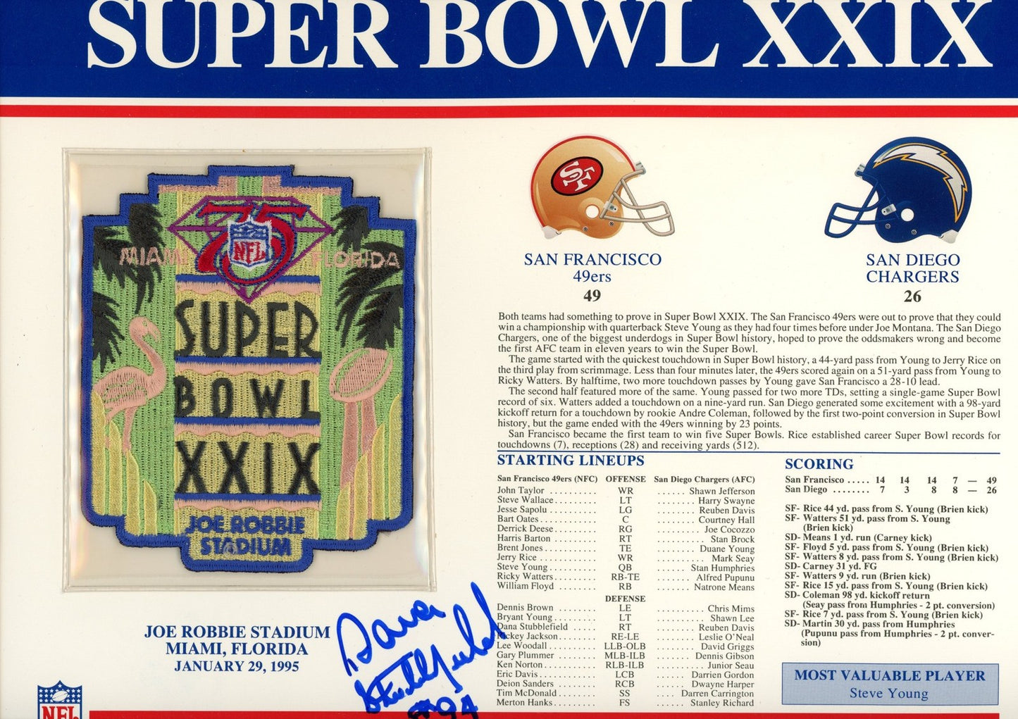 Dana Stubblefield Signed San Francisco 49ers SB XXIX Patch Stat Card