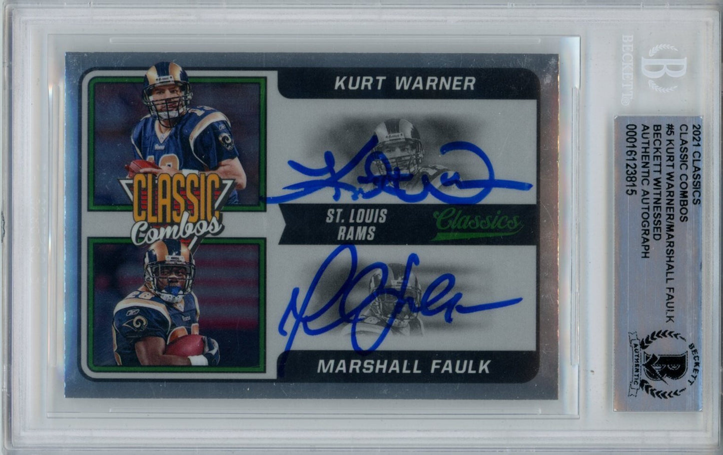 Marshall Faulk & Kurt Warner Dual Signed 2021 Panini Classics Trading Card