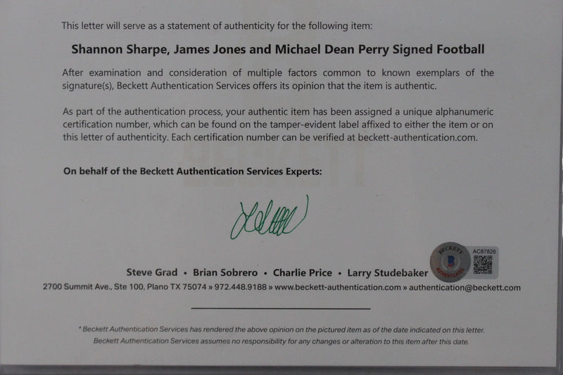 Shannon Sharpe, James Jones & Michael Dean Perry Signed Broncos Mini Football
