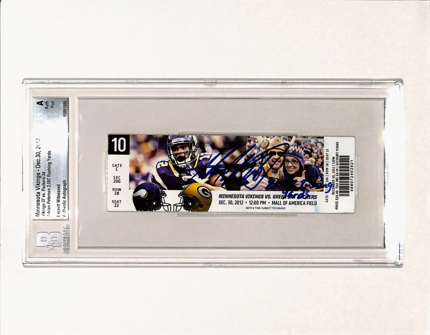 Adrian Peterson Signed Minnesota Vikings Ticket Stub "2097 Yds" BAS Slabbed