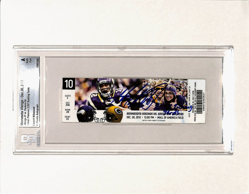 Adrian Peterson Signed Minnesota Vikings Ticket Stub "2097 Yds" BAS Slabbed