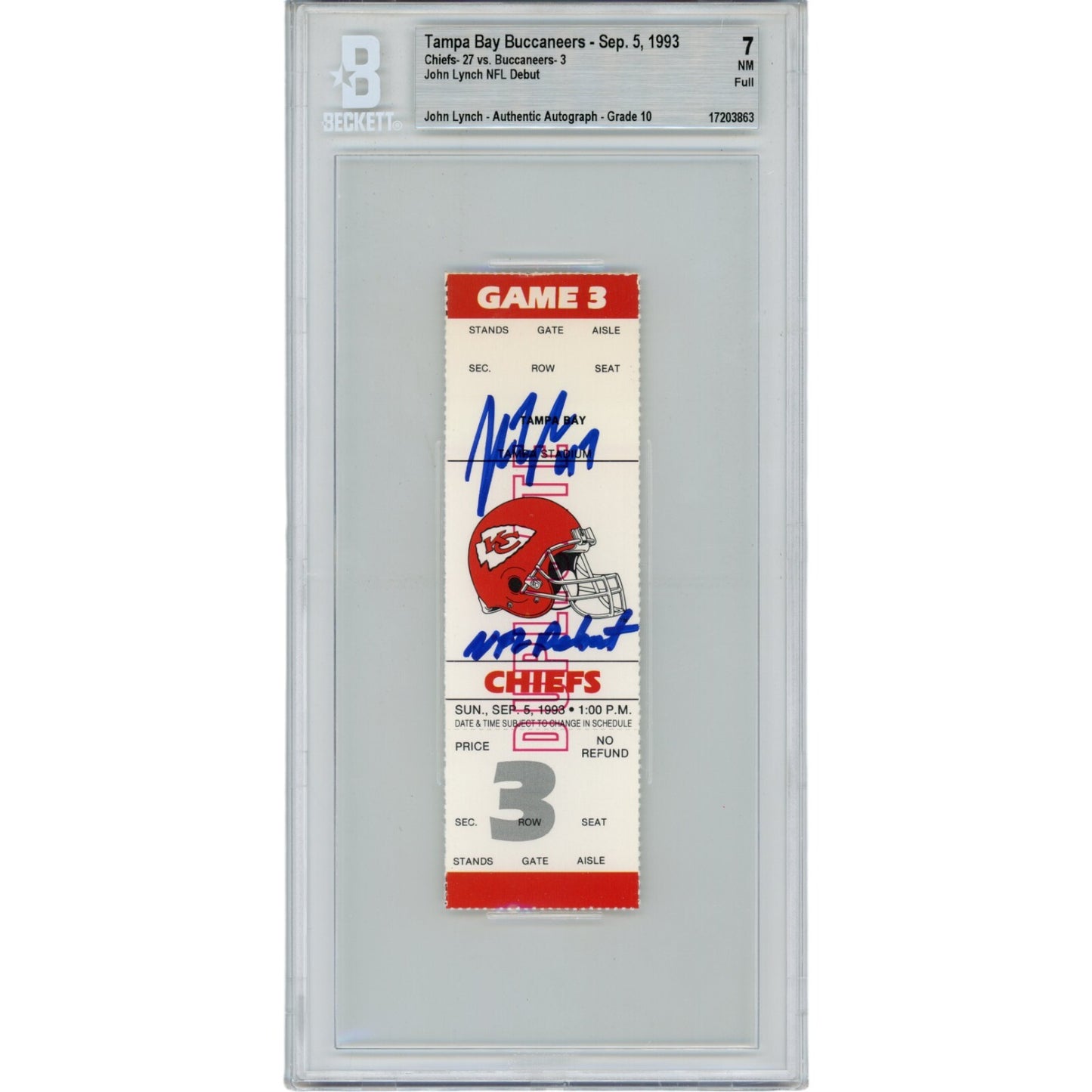John Lynch Signed Tampa Bay Buccaneers NFL Debut Ticket Stub BAS Slabbed