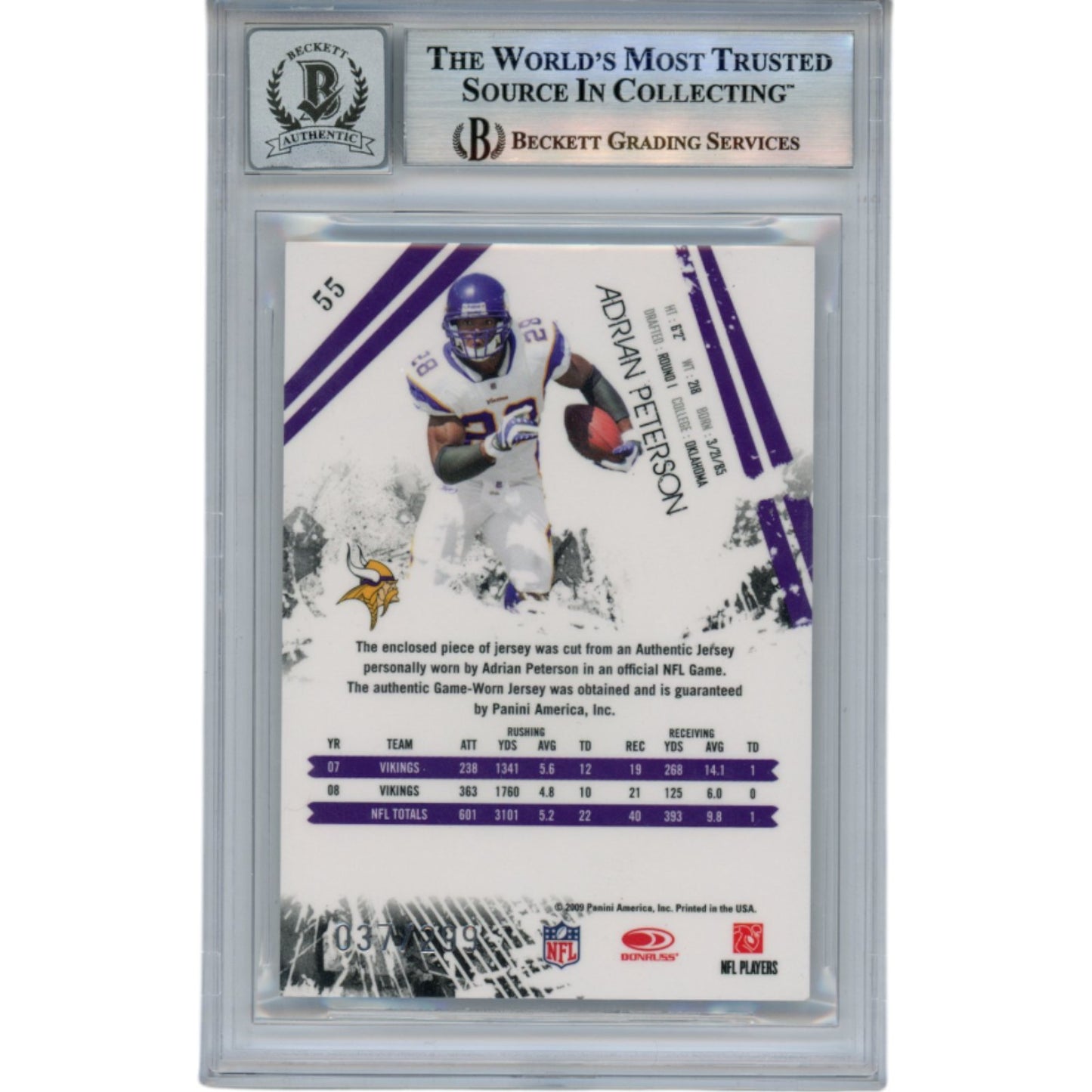Adrian Peterson Autographed 2009 Panini RS Longevity Patch Card