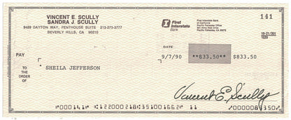 Vin Scully Signed 1990 First Interstate Bank Personal Check