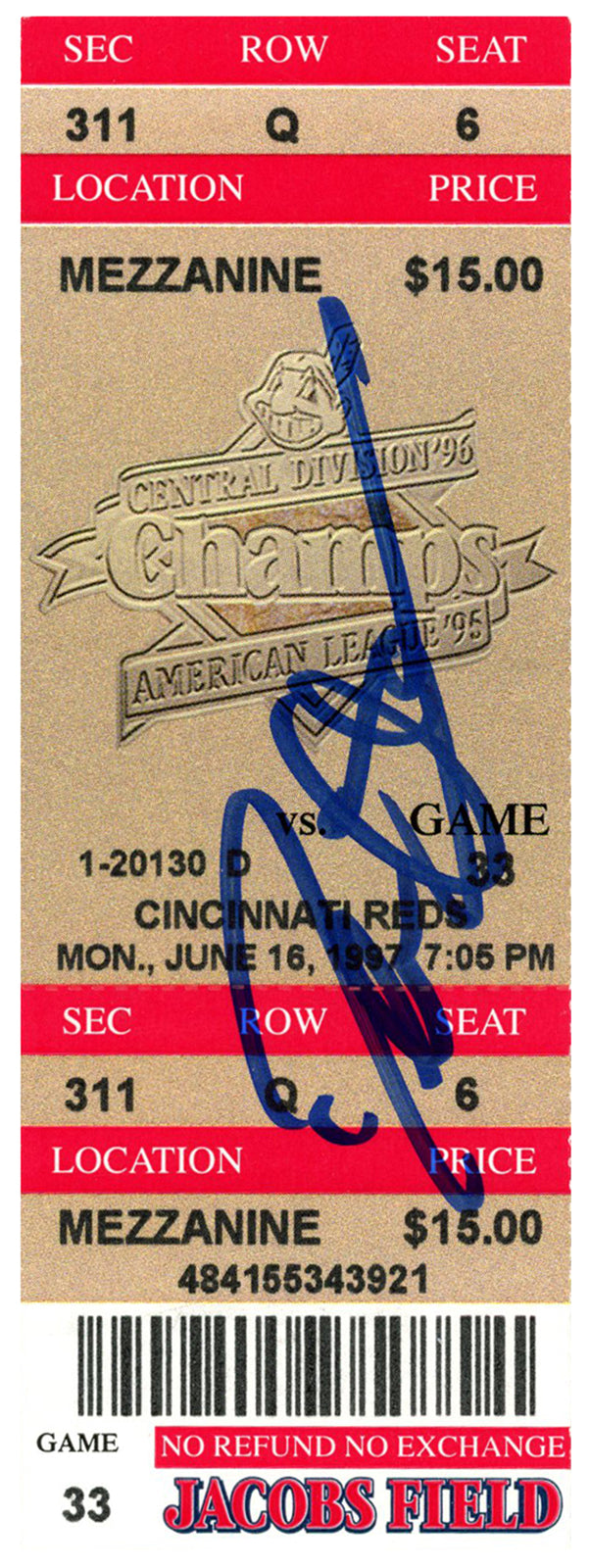 Deion Sanders Signed Cincinnati Reds Ticket Stub 6/16/1997 - BAS