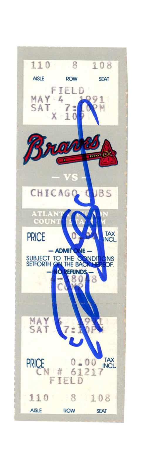 Deion Sanders Signed Atlanta Braves 1991 Full Ticket Beckett BAS