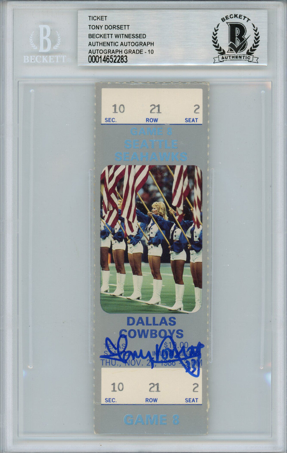 Tony Dorsett Signed 11/27/1986 vs Seahawks Full Ticket Beckett Slabbed