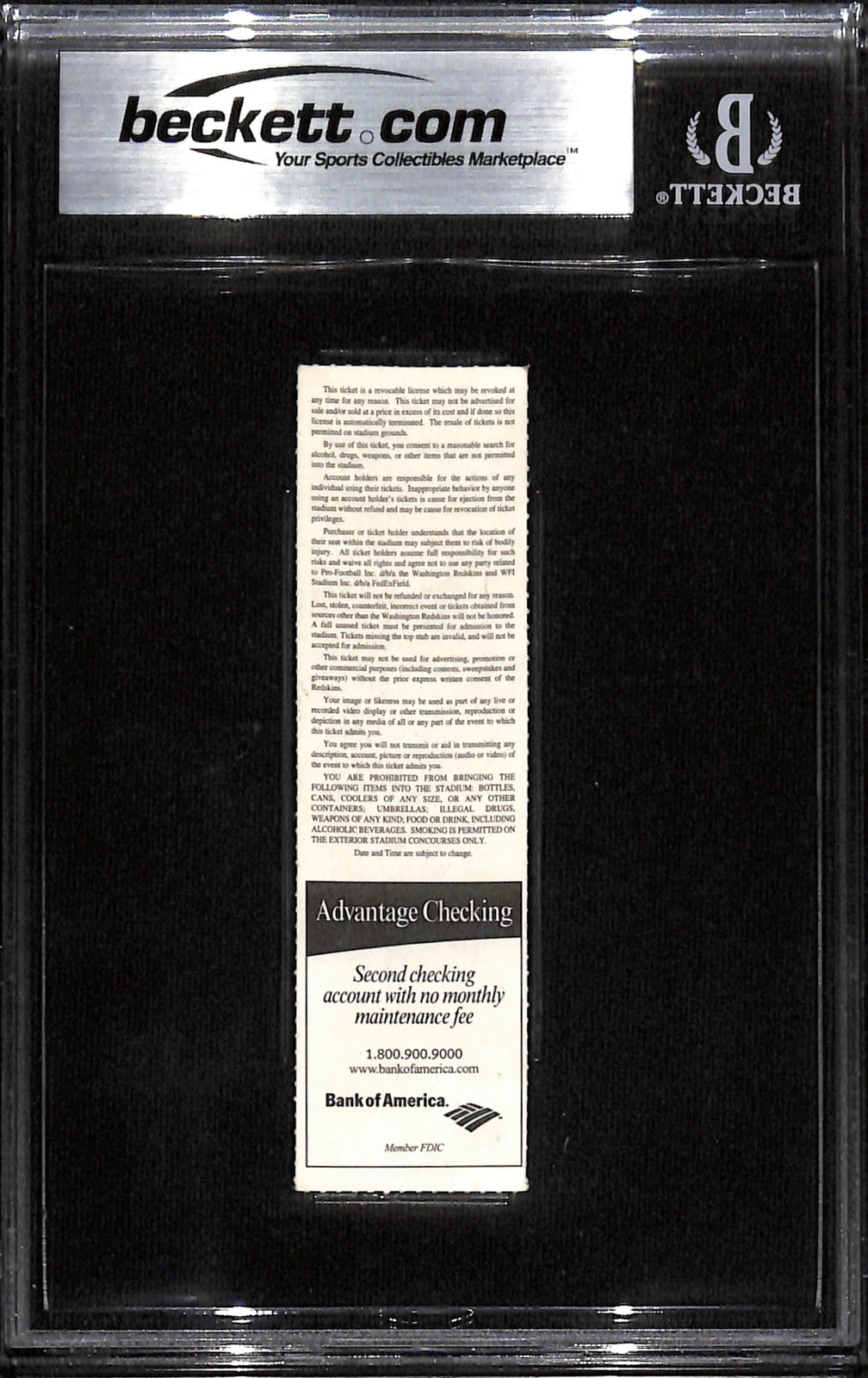 Deion Sanders Signed Washington Redskins Slabbed Ticket Stub Beckett 7
