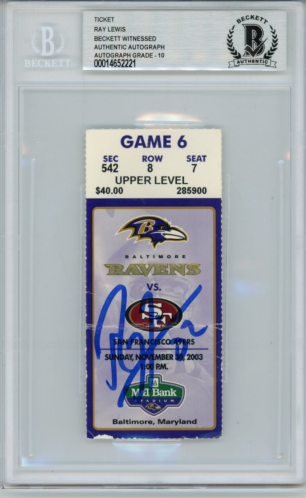 Ray Lewis Signed Baltimore Ravens Ticket Stub (11/30/03) Beckett Slabbed