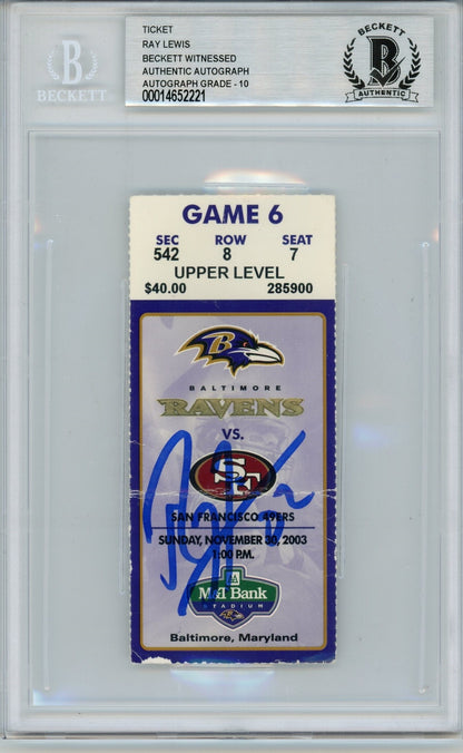 Ray Lewis Signed Baltimore Ravens Ticket Stub (11/30/03) Beckett Slabbed
