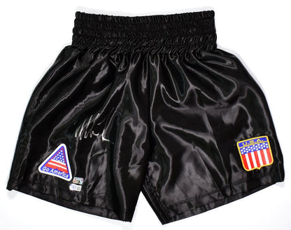 Mike Tyson Autographed Black Boxing Trunks with Patches