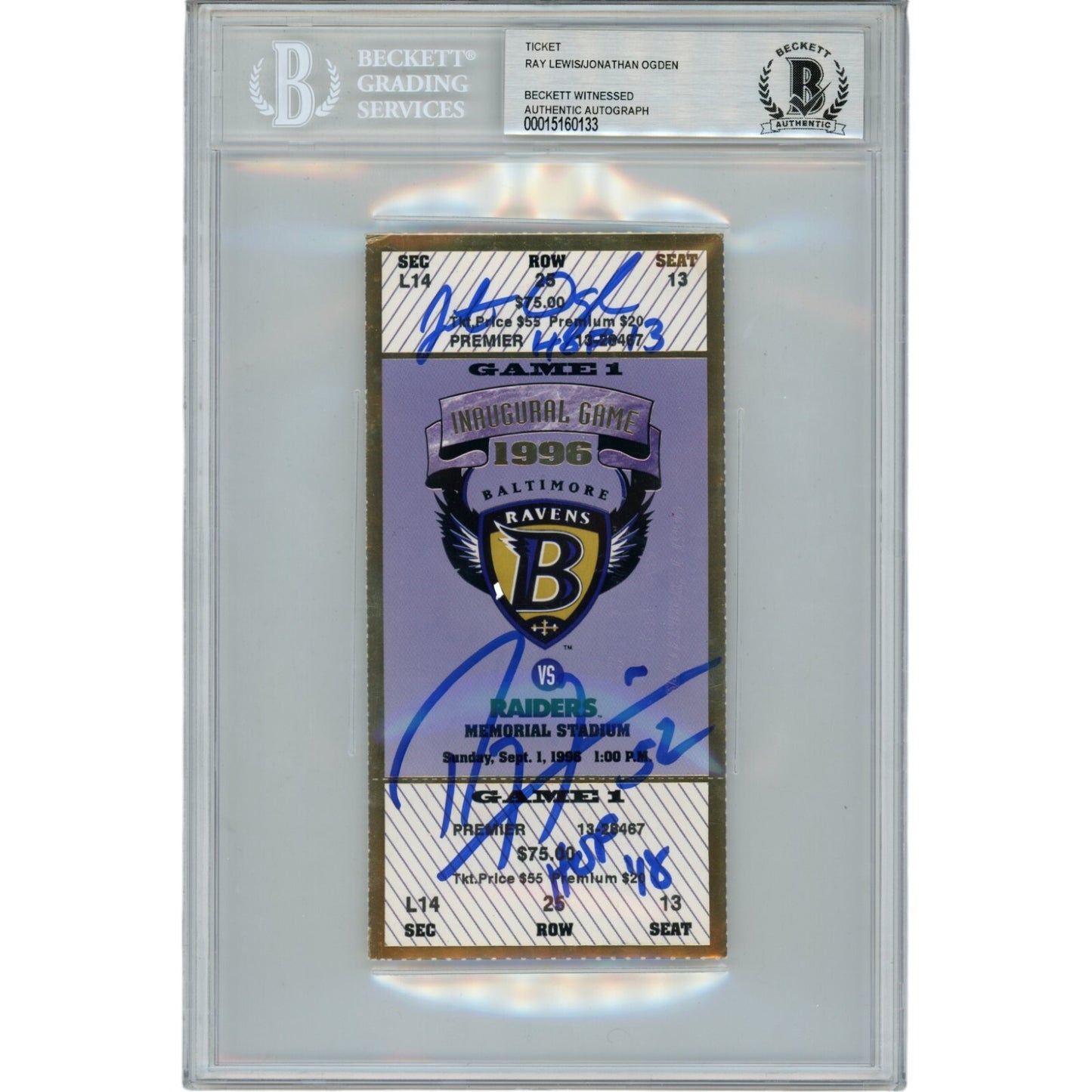 Ray Lewis & Jonathan Ogden Signed Baltimore Ravens Inaugural Game Ticket BAS