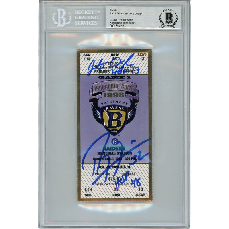 Ray Lewis & Jonathan Ogden Signed Baltimore Ravens Inaugural Game Ticket BAS