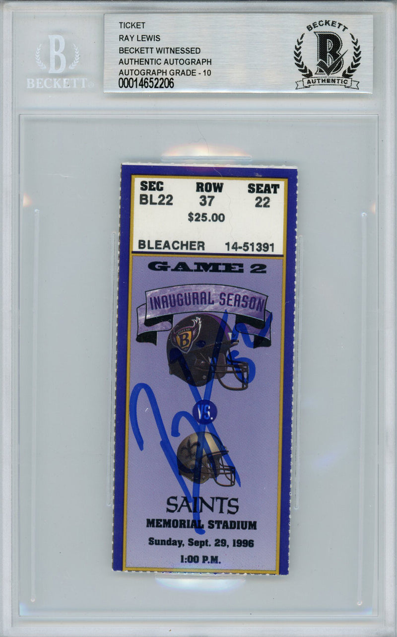 Ray Lewis Signed 1996 Baltimore Ravens vs Saints Ticket - Beckett Slabbed