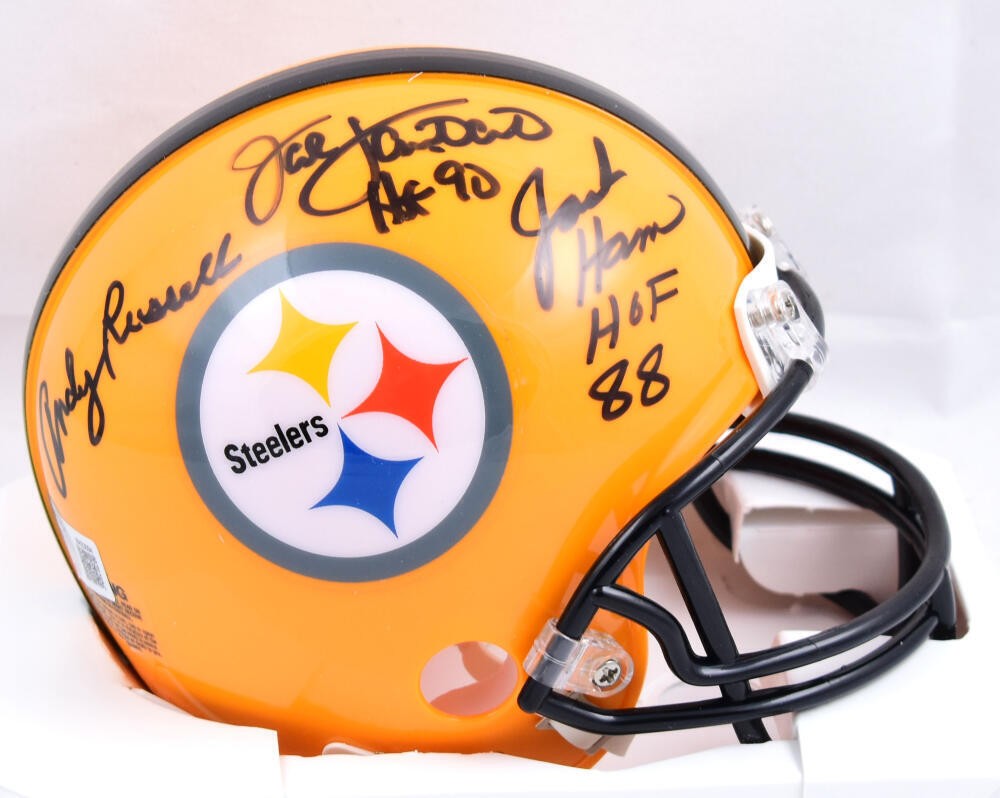 Jack Ham, Jack Lambert & Andy Russell Signed Steelers Gold Mini Helmet