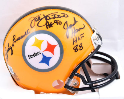 Jack Ham, Jack Lambert & Andy Russell Signed Steelers Gold Mini Helmet