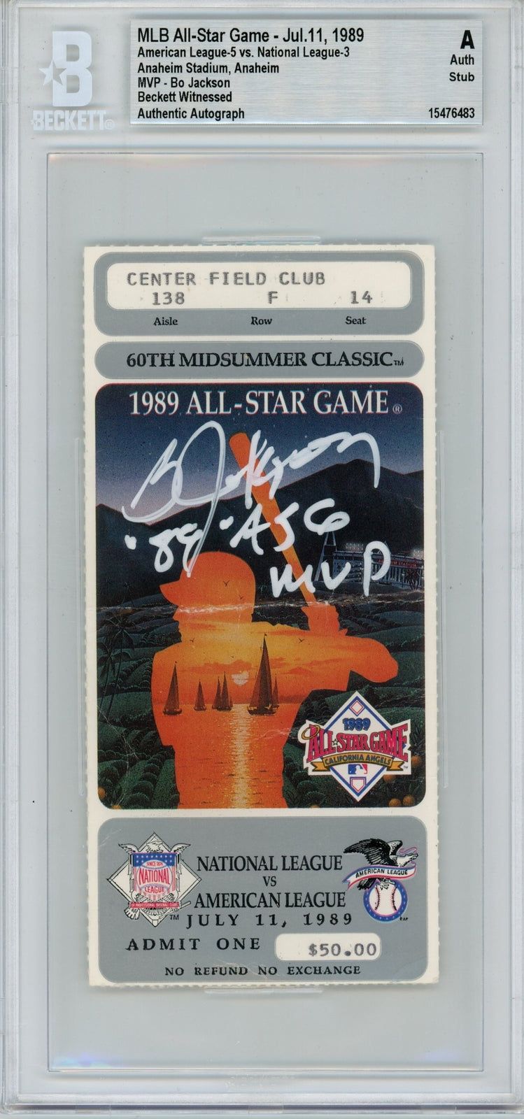 Bo Jackson Signed 1989 MLB All-Star Game Ticket Stub Beckett Inscribed