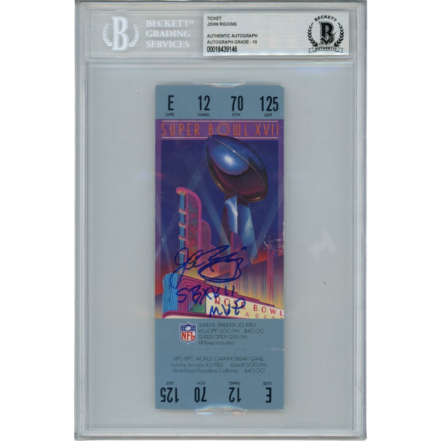 John Riggins Signed Washington Redskins Super Bowl XVII Ticket MVP