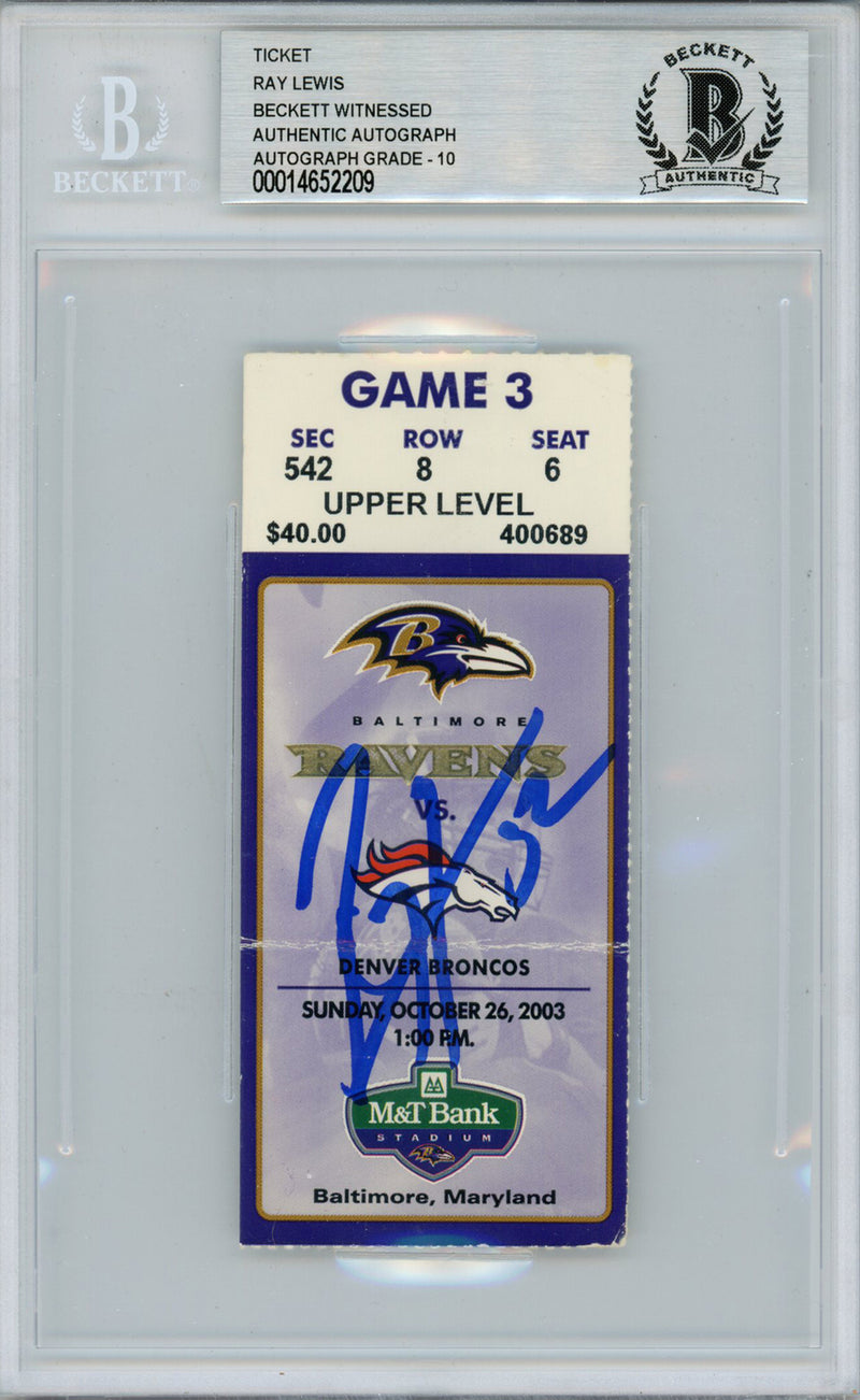 Ray Lewis Signed Baltimore Ravens vs Broncos Ticket 10/26/2003 Beckett Slab