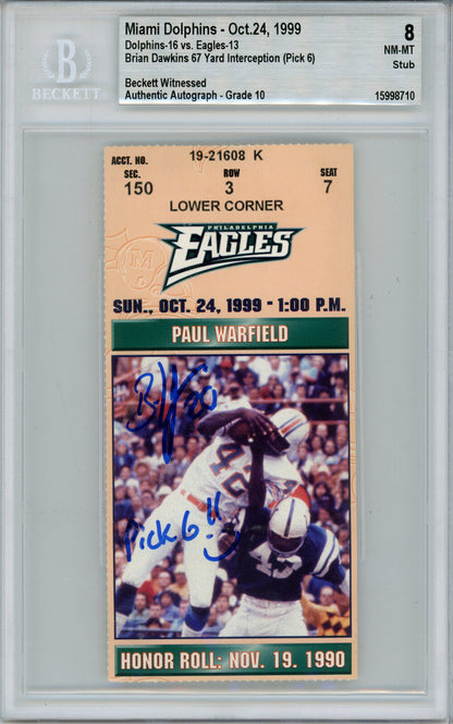 Brian Dawkins Autographed Philadelphia Eagles Ticket Stub BAS Grade 8