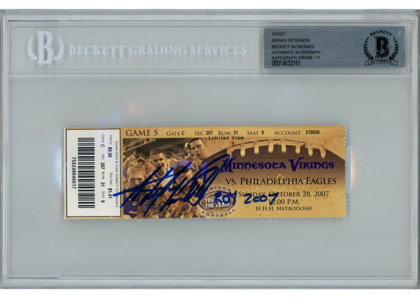 Adrian Peterson Signed Minnesota Vikings Slabbed Ticket Stub "2007 ROY" BAS