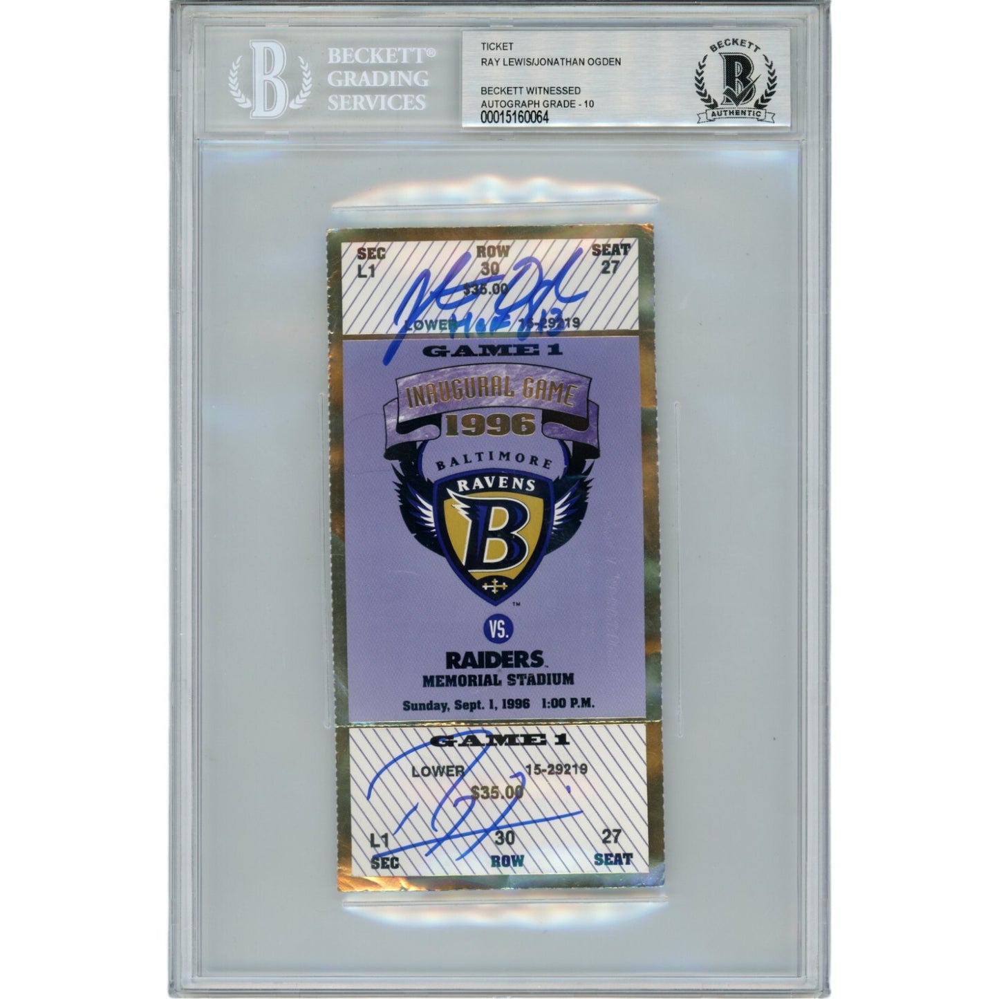Ray Lewis & Jonathan Ogden Signed Baltimore Ravens Inaugural Game Ticket