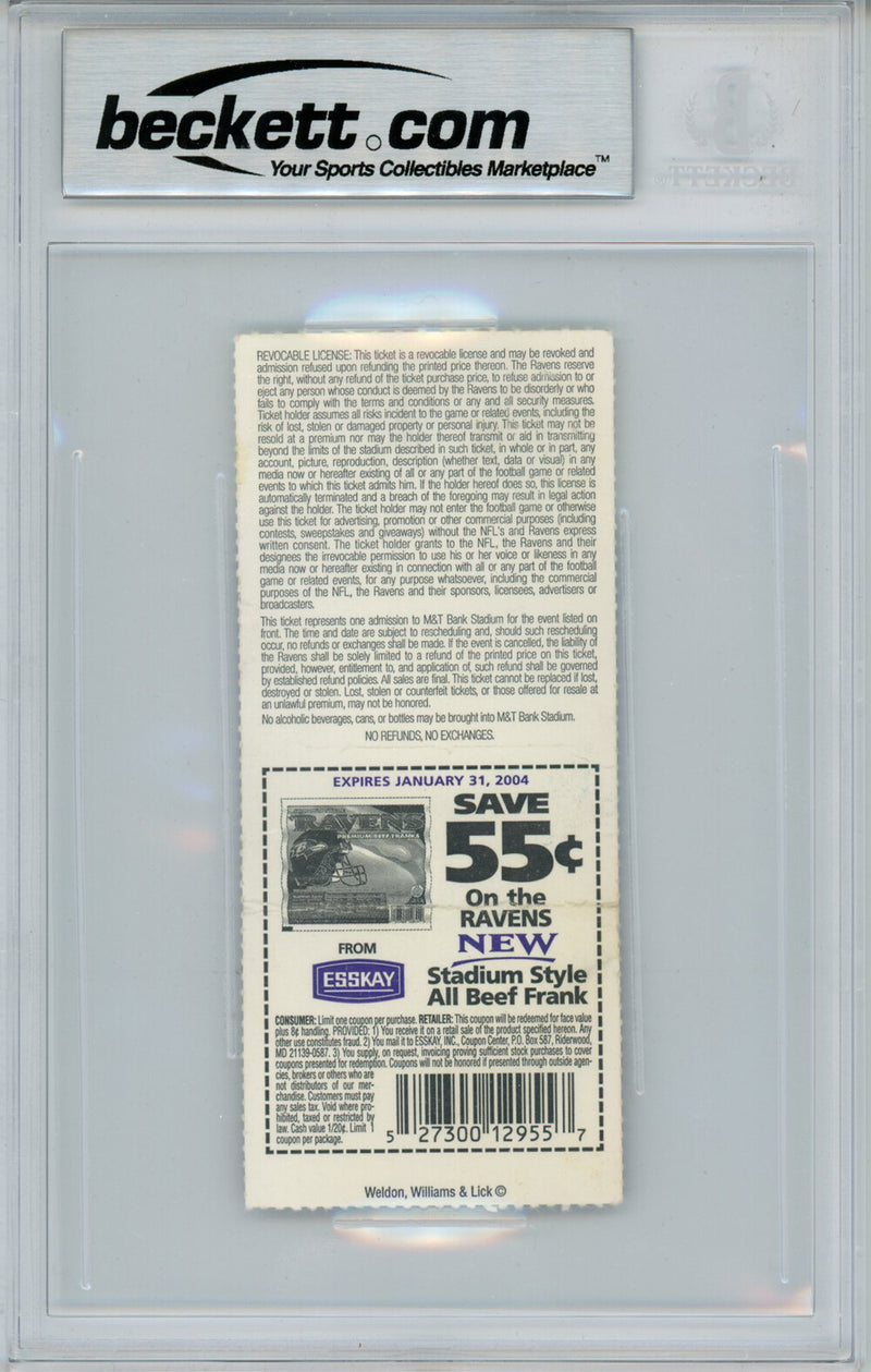 Ray Lewis Signed 12/7/2003 vs Bengals Game Ticket Beckett Slabbed