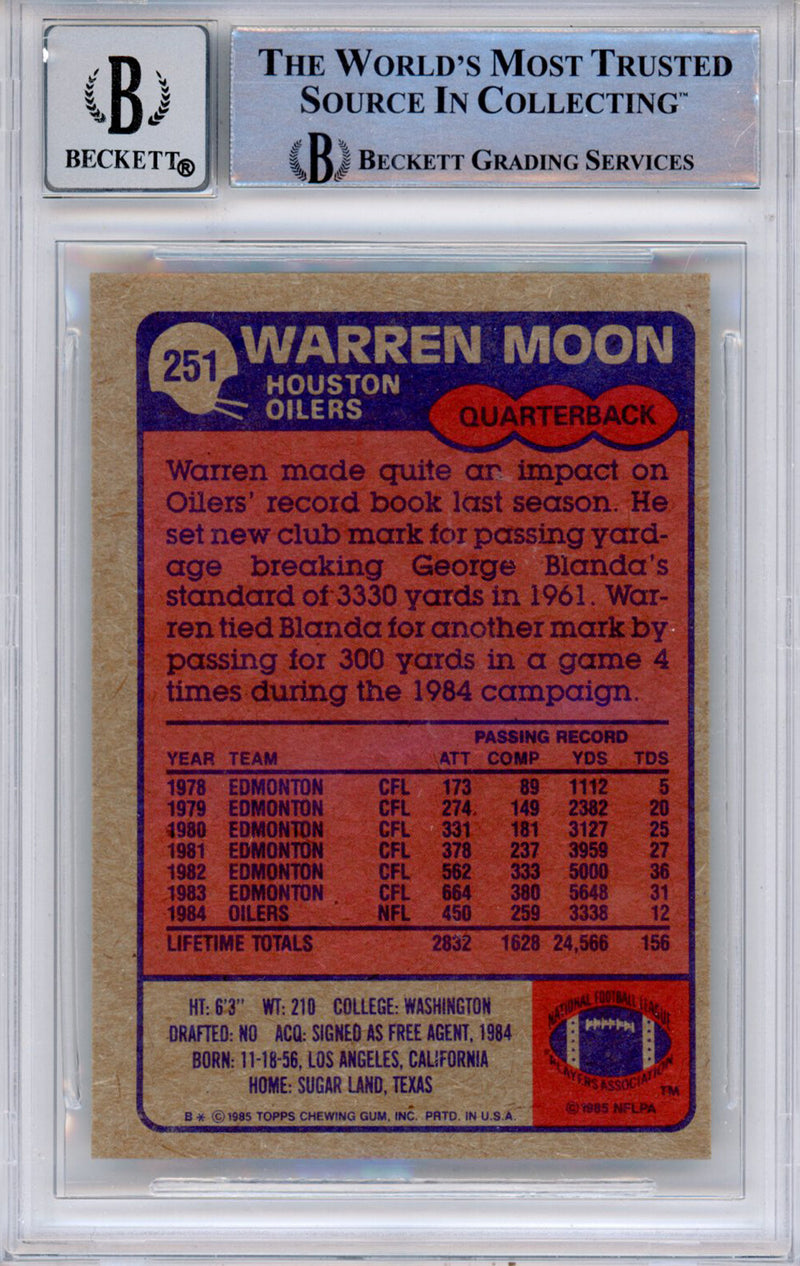 Warren Moon Autographed 1985 Topps #251 Trading Card BAS Slabbed Grade 10