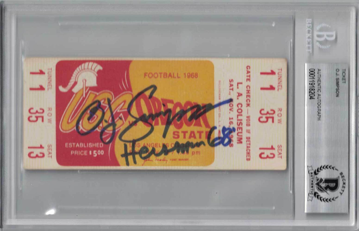 O.J. Simpson Signed 1968 USC vs Oregon State Ticket - Heisman 68 Inscription