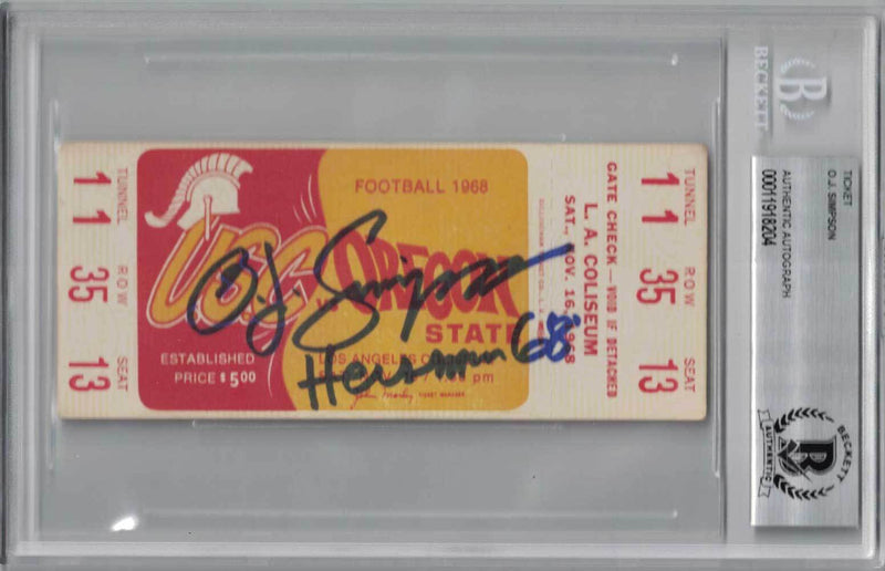 O.J. Simpson Signed 1968 USC vs Oregon State Ticket - Heisman 68 Inscription