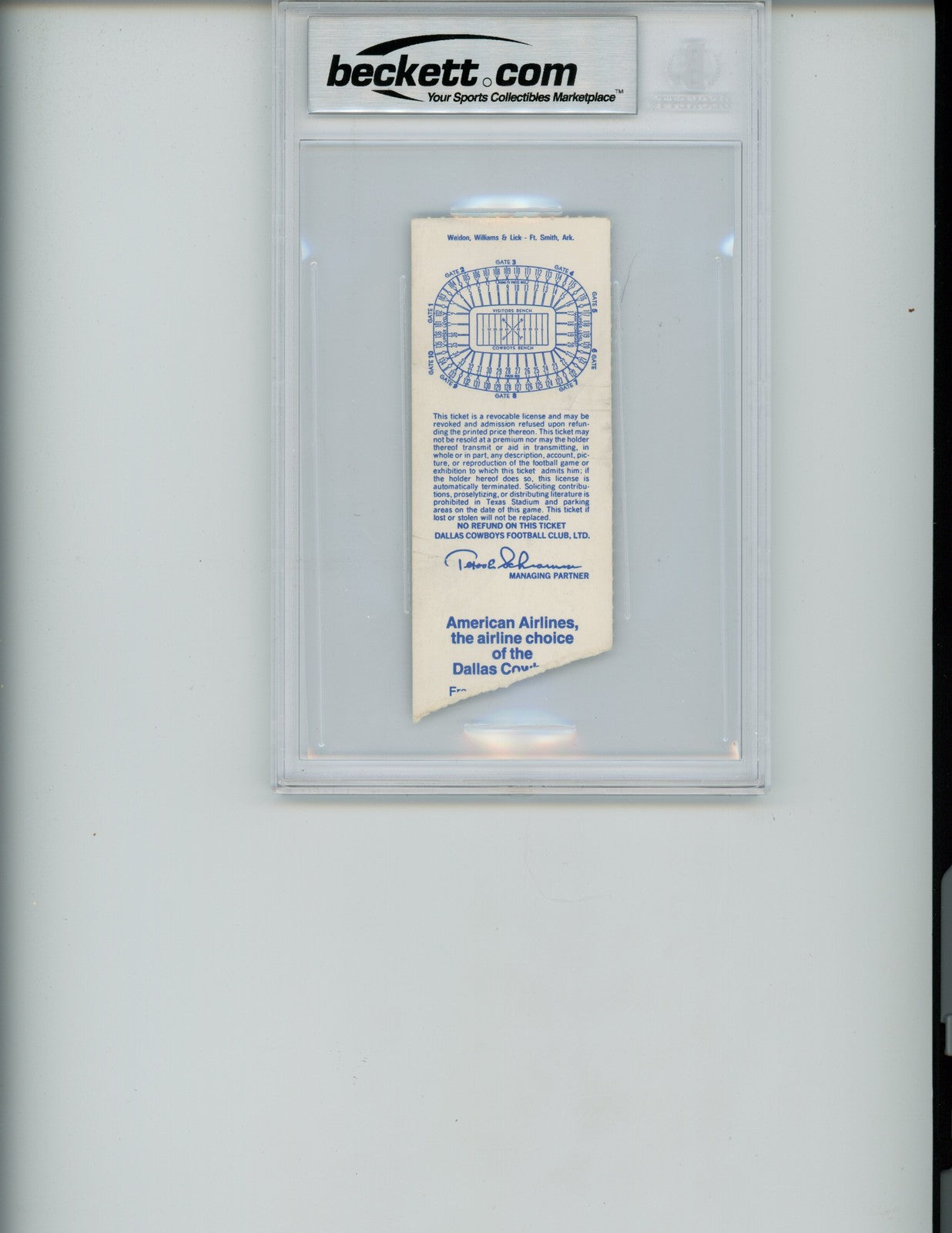 Tony Dorsett Signed Dallas Cowboys Ticket Stub (12/9/84) Beckett Slab