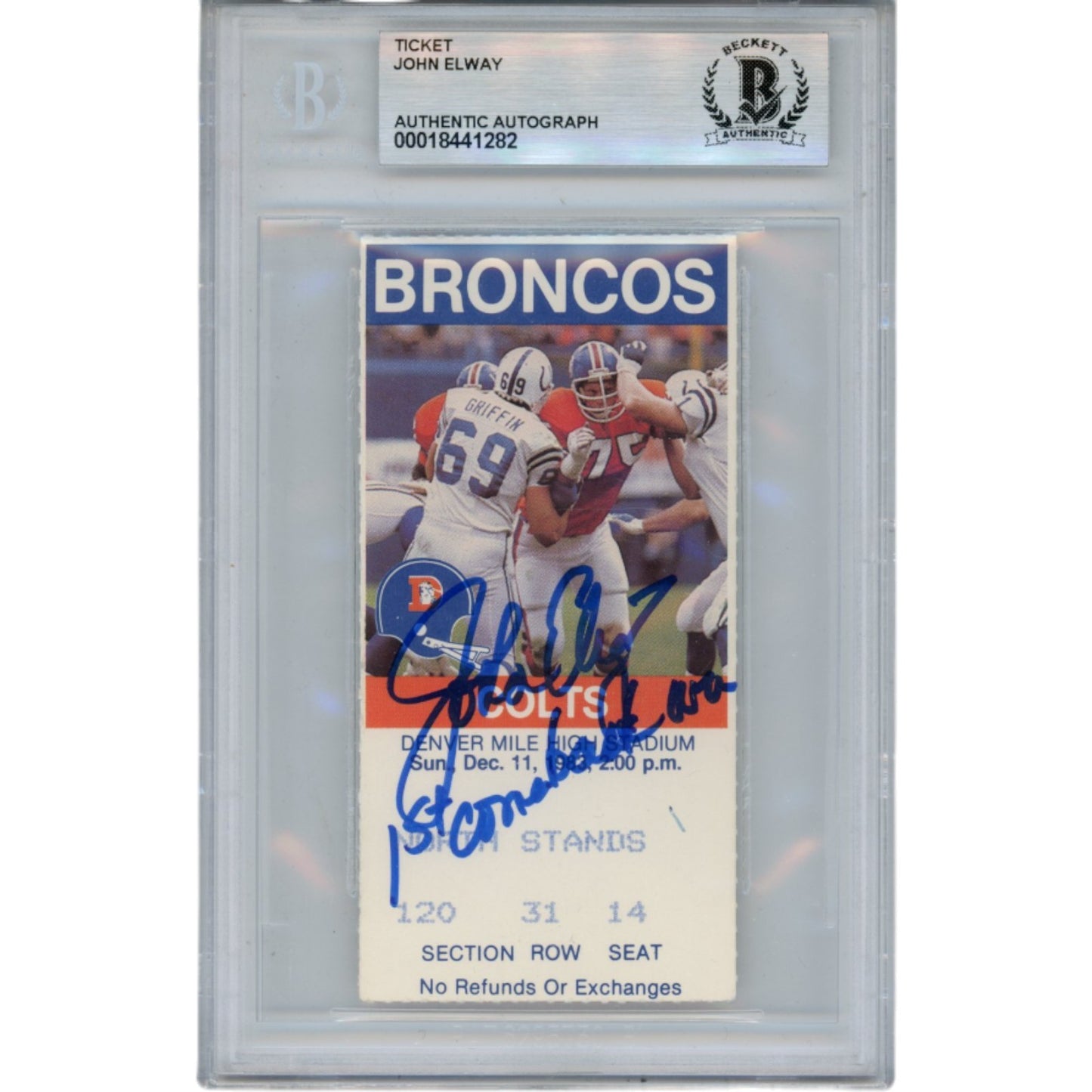 John Elway Signed Denver Broncos Ticket Stub (12/11/83 1st Comeback) BAS