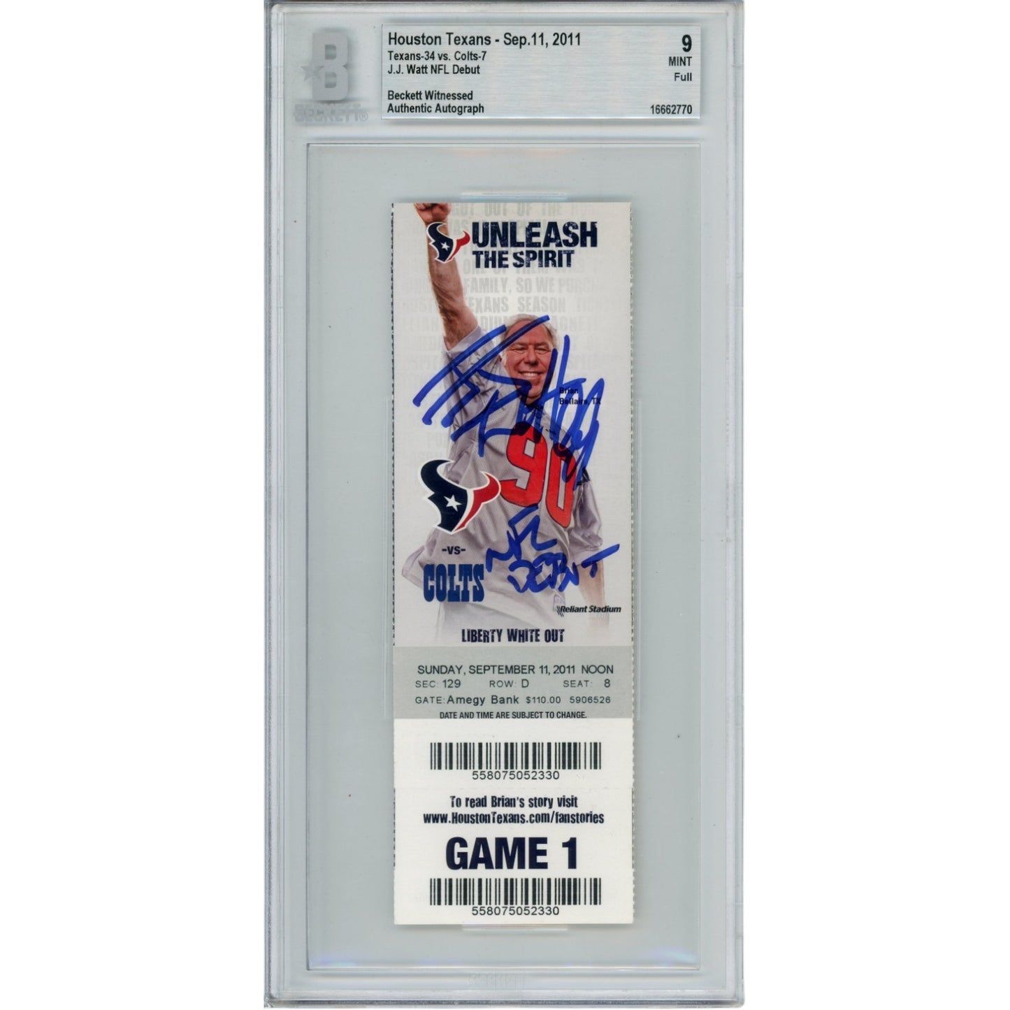 JJ Watt Autographed Houston Texans NFL Debut Ticket Stub Slabbed BAS