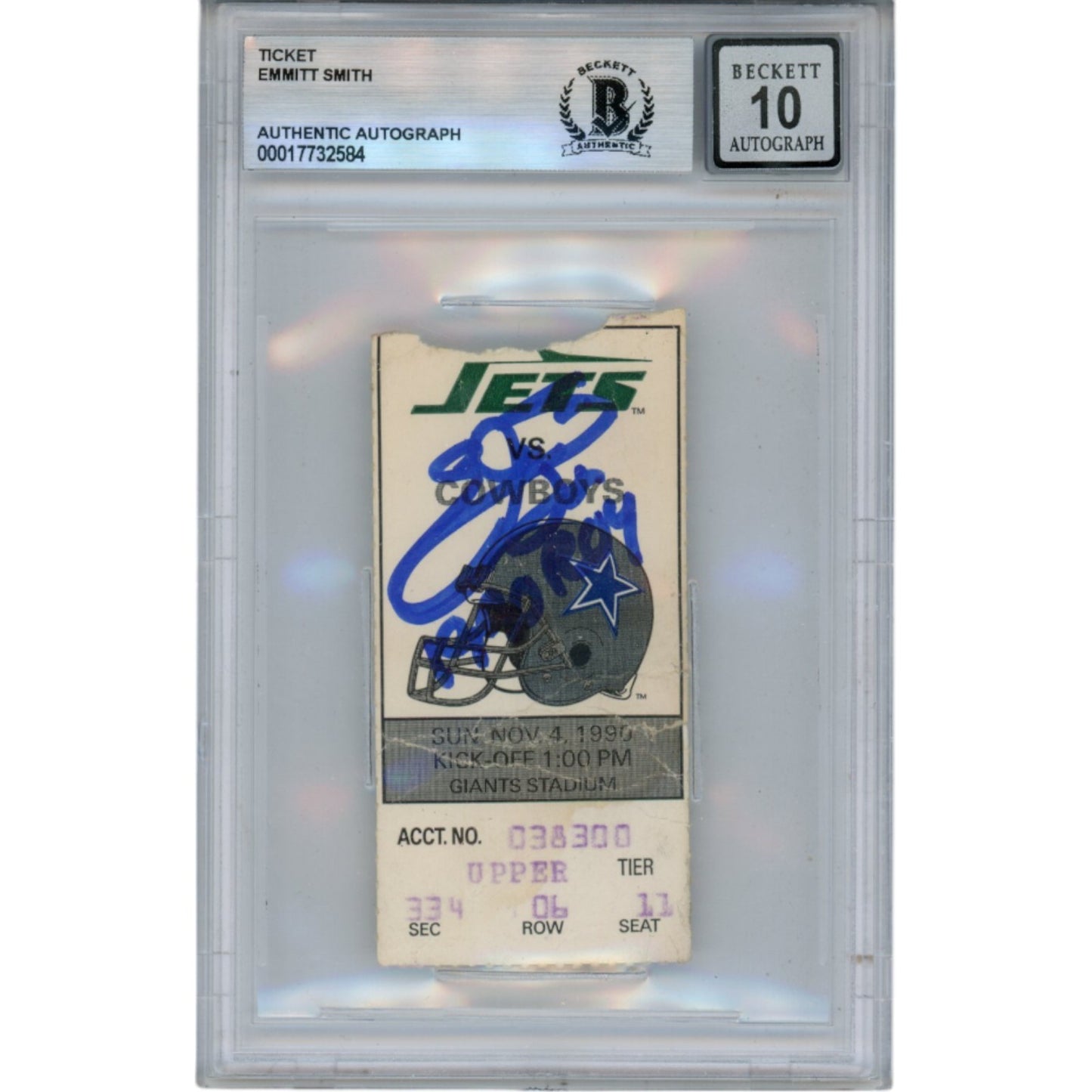 Emmitt Smith Signed Dallas Cowboys 11/4/90 Ticket Stub Slab "ROY"