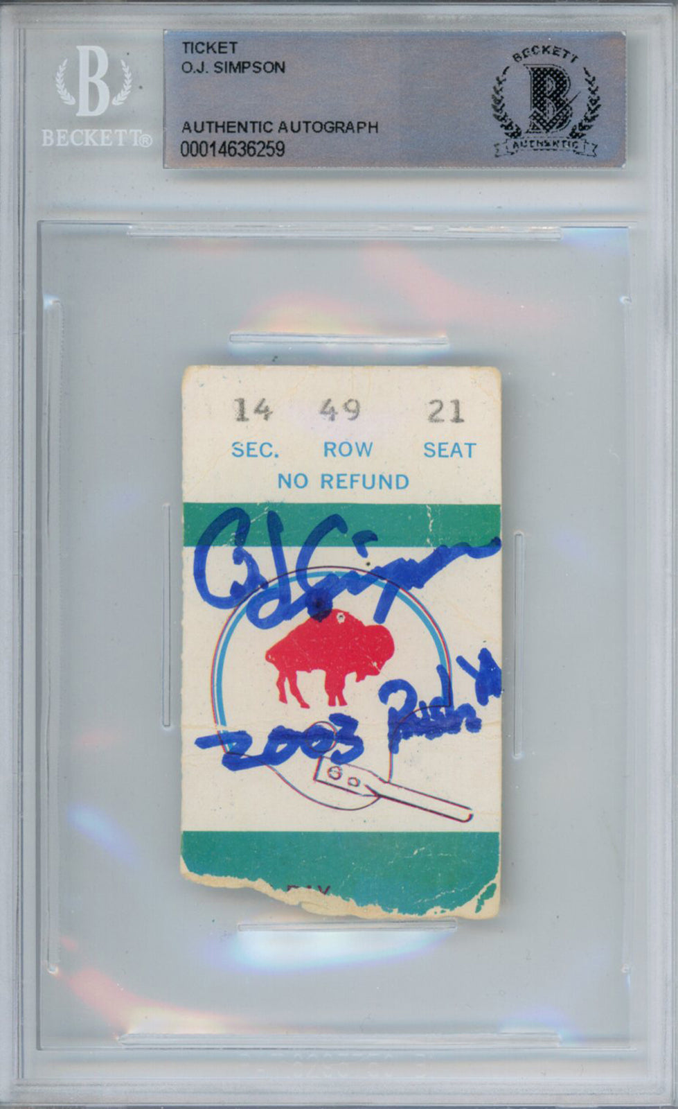 O.J. Simpson Signed 1973 vs Packers Ticket Stub Beckett Slabbed
