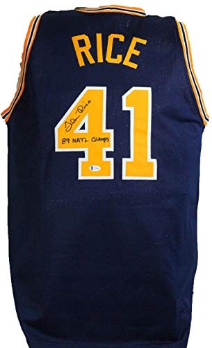 Glen Rice Autographed Blue Custom Jersey - 89 National Champs Inscription