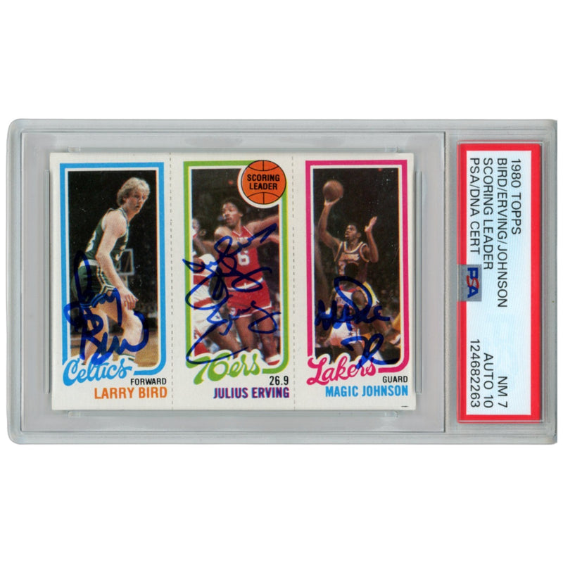 Larry Bird, Magic Johnson & Julius Erving Signed 1980 Topps PSA 7 Card