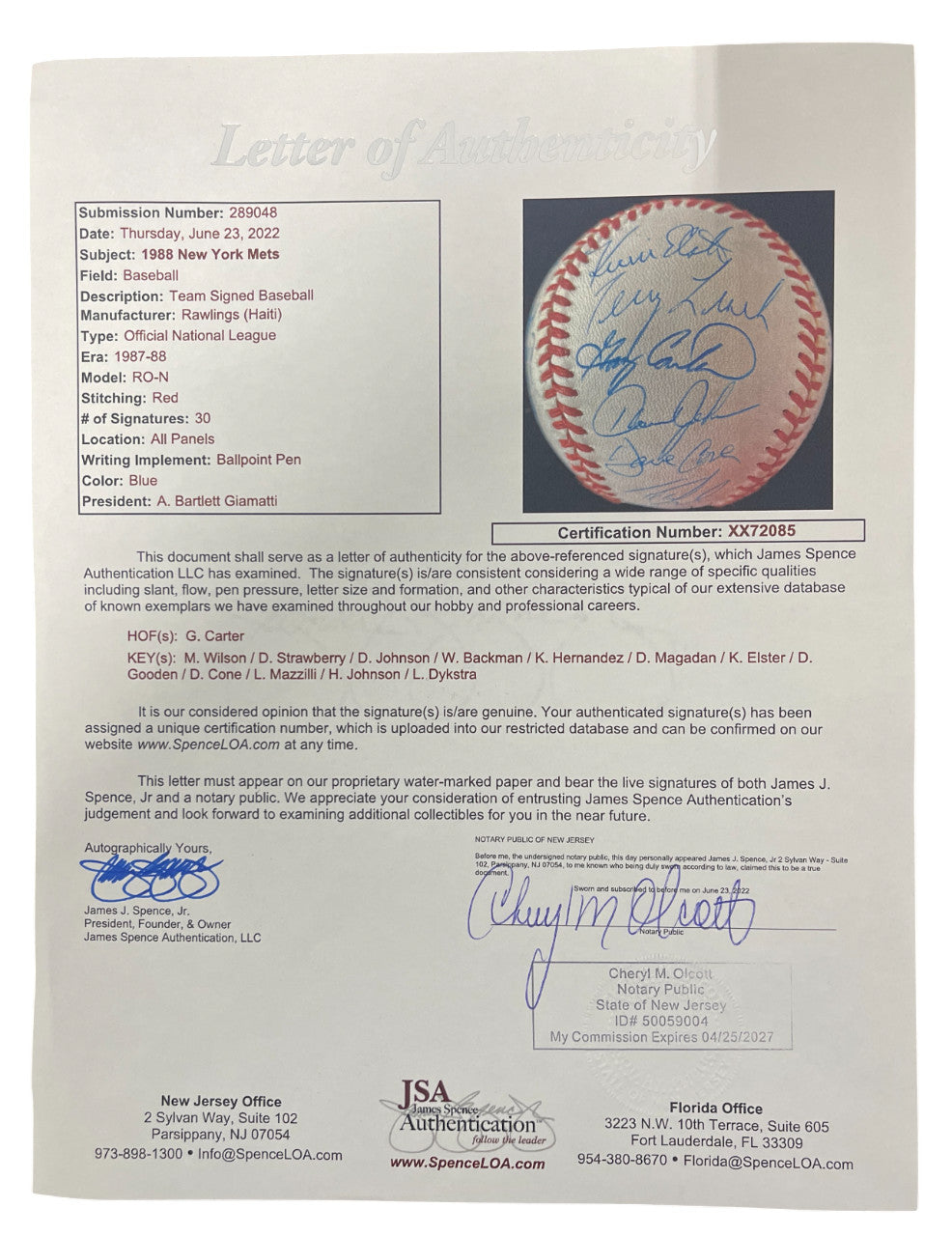 1988 New York Mets Team Signed National League Baseball JSA LOA