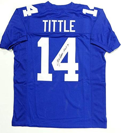 Y.A. Tittle Signed New York Giants Style Custom Blue Jersey HOF Inscribed
