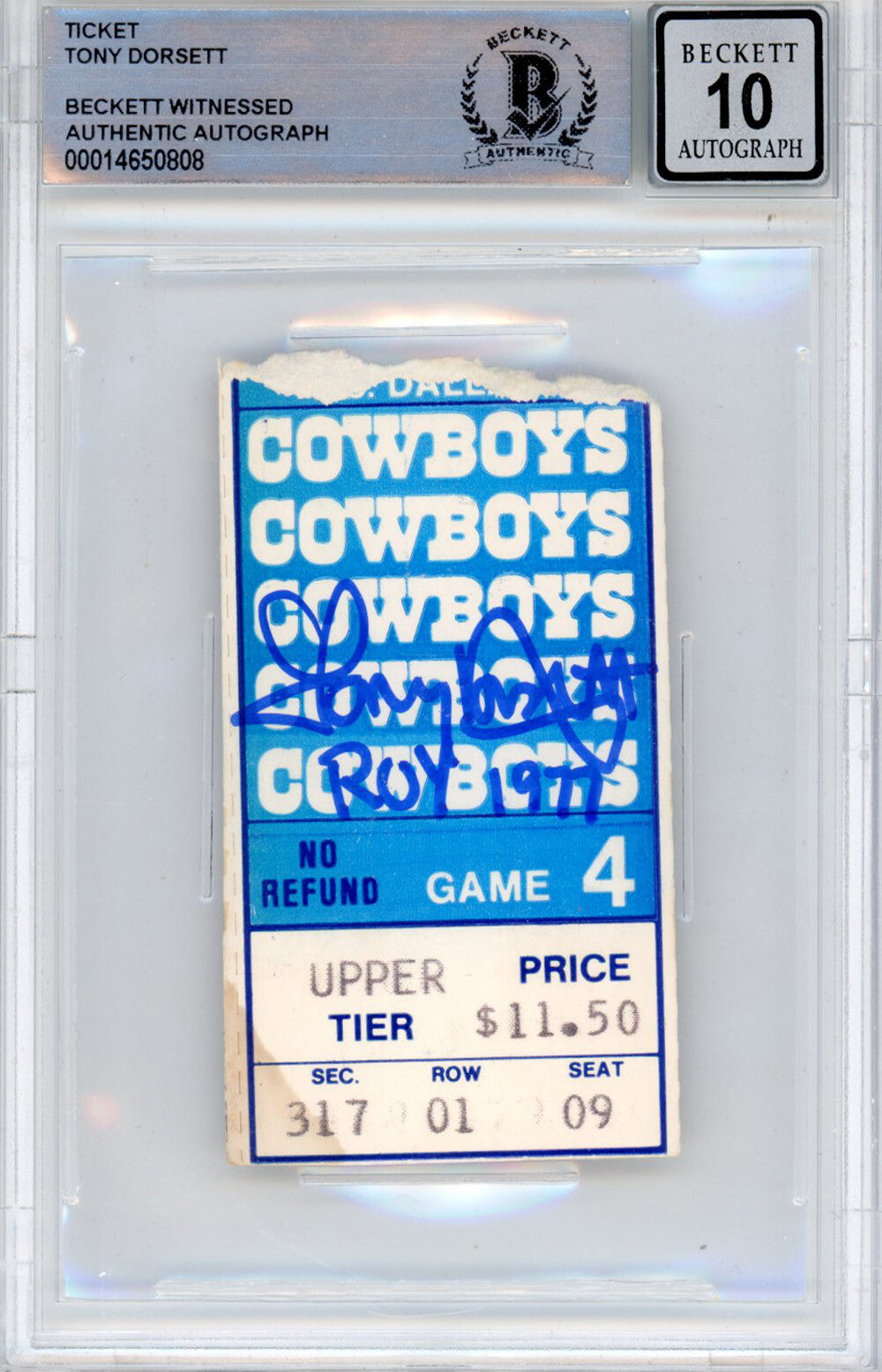 Tony Dorsett Autographed 11/6/1977 Ticket Stub ROY Beckett Slabbed