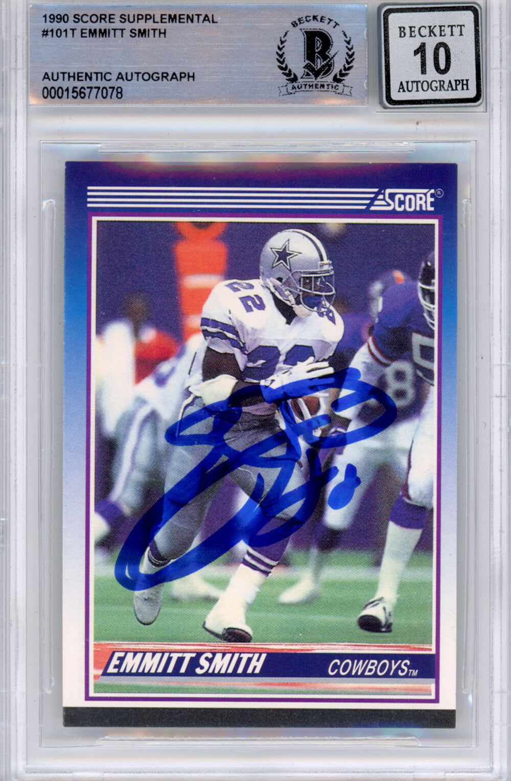 Emmitt Smith Signed 1990 Score Supplemental #101 Card BAS Slabbed Grade 10