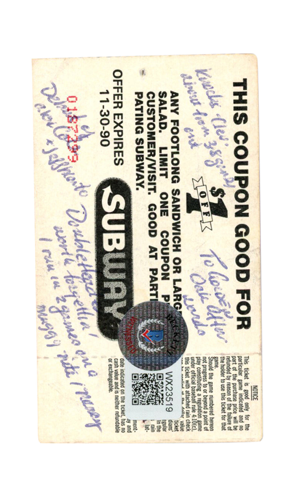 Deion Sanders Signed New York Yankees 7/27/1990 Ticket Stub Beckett