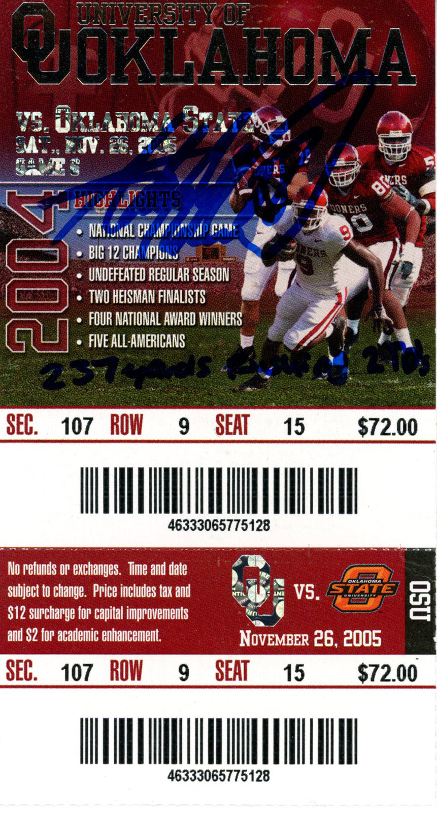 Adrian Peterson Signed Oklahoma Sooners Inscribed Ticket Stub Beckett